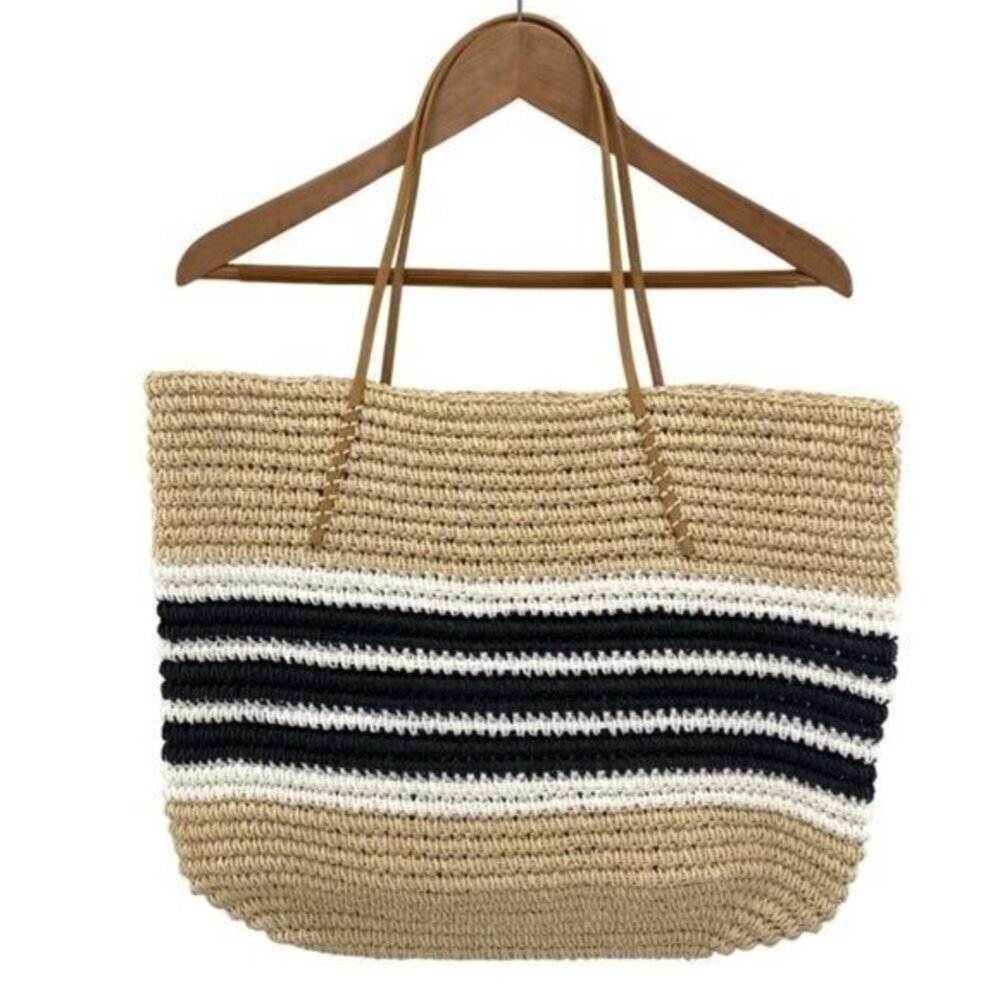 Aqua Trio Striped Straw Woven Tote Bag New - Picture 1 of 13